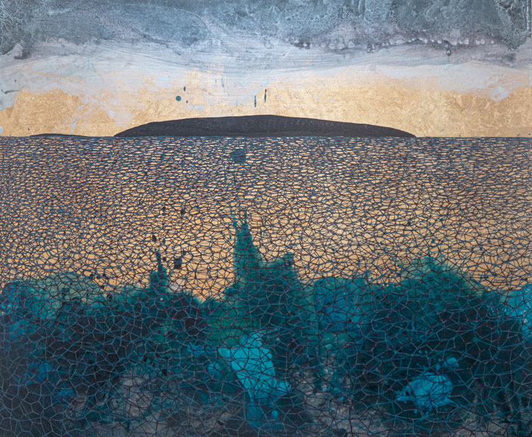 Samantha Clark, Islands, 2025. Acrylic, mica and brass leaf on cradled board, 51 x 61 cm. © the artist.