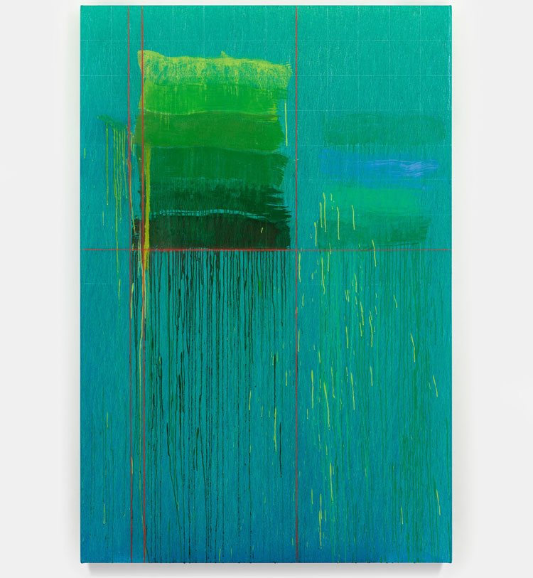 Pat Steir, I Love You Green, 2024-25. Oil on canvas, 182.9 x 121.9 cm (72 x 48 in). © Pat Steir. Courtesy the artist and Hauser & Wirth. Photo: Elisabeth Bernstein.