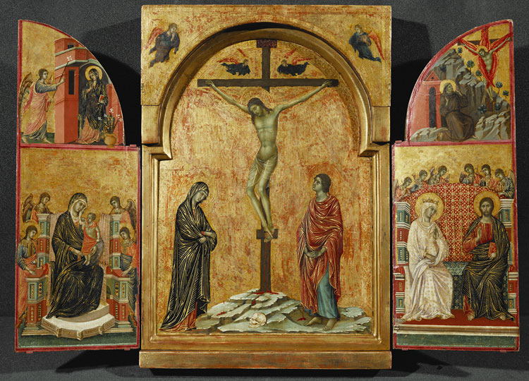 Duccio, Triptych with the Crucifixion and other scenes, about 1302-8. Tempera on panel, 44.9 x 31.4 cm (central panel); 44.8 x 16.9 cm (left-wing); 45 x 17.1 cm (right-wing); 13.9 x 34.9 cm (spandrel). The Royal Collection / HM King Charles III (RCIN 400095). Royal Collection Trust / © His Majesty King Charles III 2024.