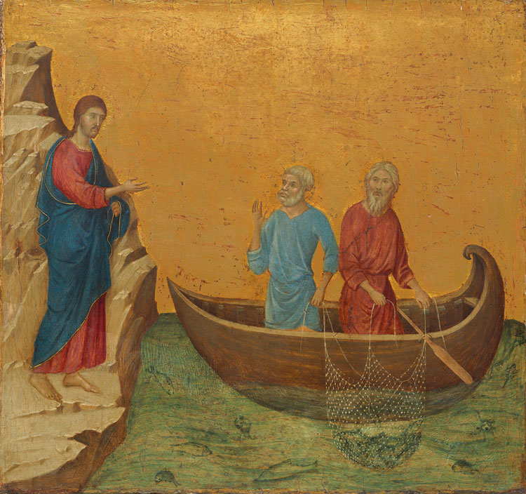 Duccio Maestà - Panels, The Calling of the Apostles Peter and Andrew, 1308-11. Tempera and gold leaf on panel, 43.3 x 46.2 x 4.4 cm. National Gallery of Art, Washington, DC. Courtesy National Gallery of Art, Washington.