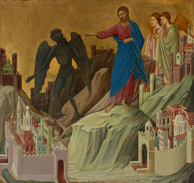 Duccio, Duccio Maestà - Panels, The Temptation of Christ on the Mountain, about 1308-11. Tempera on poplar, 43.2 x 46 cm. The Frick Collection, New York. Purchase 1927 (1927.1.35). © Copyright The Frick Collection / Photo: Michael Bodycomb.