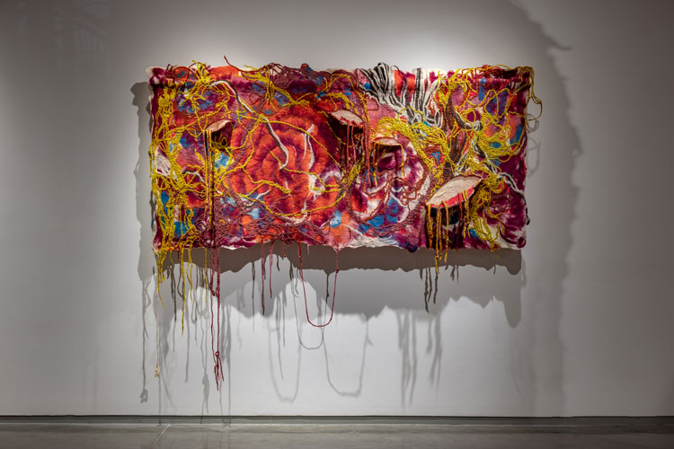 Sagarika Sundaram. Night Creeper, 2024. Hand-dyed wool, wire, 51 x 91 in (129 x 231 cm). Photo courtesy Nature Morte gallery.