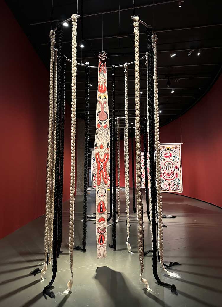 Citra Sasmita: Into Eternal Land, installation view, Barbican Curve, London 2025. Photo: Martin Kennedy.