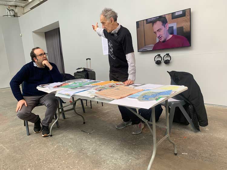 Séan Lynch (left), in dialogue with Peter Fend at Printworks. Photo: Bronac Ferran.
