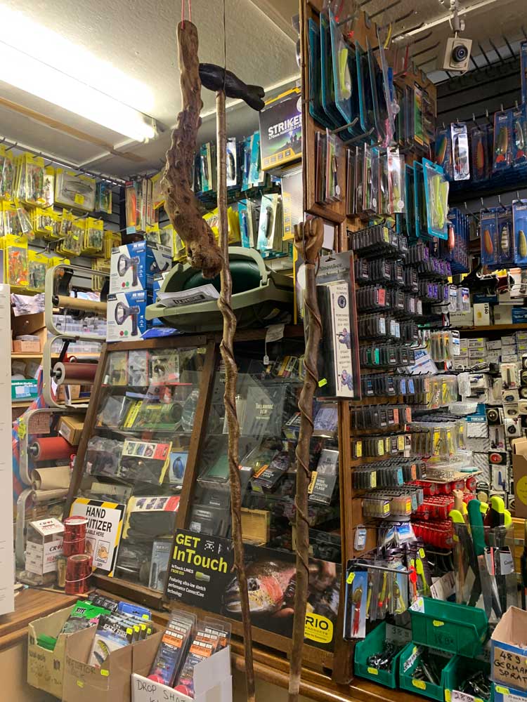 Seanie Barron's stick sculptures hanging in Freeney's Fishing Tackle shop. Installation view, TULCA Festival, Galway. Photo: Bronac Ferran.