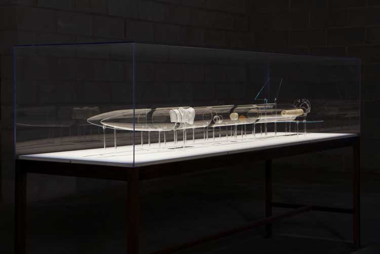Tavares Strachan, Lift Off #1, 2008-09. Two glass rockets, Bahamas sugar fuel cell, 15 x 73 x 23 ¼ in (38.1 x 185.4 x 59.1 cm). Courtesy of the artist. Photo: Tom Powel Imaging.