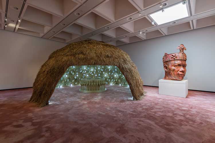 Tavares Strachan, Intergalactic Palace, 2024, and Ruin of a Giant (King Tubby), 2024. Installation view, Tavares Strachan: There Is Light Somewhere, Hayward Gallery, London, 18 June – 1 September 2024. Photo: Mark Blower. Courtesy the artist and the Hayward Gallery.