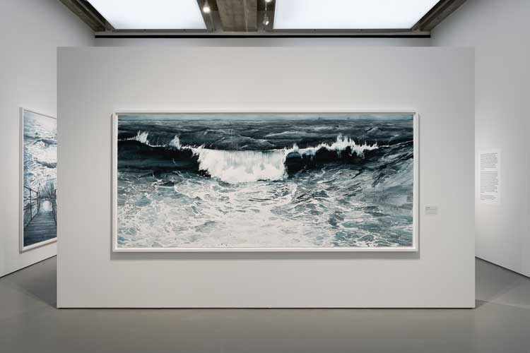 Emma Stibbon, Breaker, 2023. Ink, sea salt and Eastbourne sea water, 153 x 343.5 cm, installation view, Towner Eastbourne, 2024. Photo: Rob Harris.