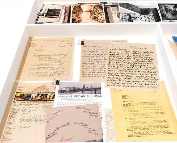 Correspondence and cuttings, installation view, Warburg Models: The Architecture of the Itinerant Archive, Architectural Association School of Architecture, London. Photo: Elena Andreea Teleaga.