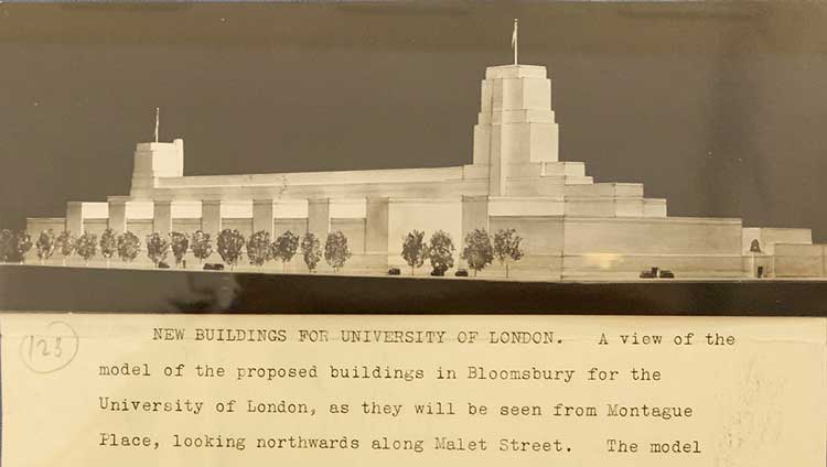 Installation view, Charles Holden’s Master Plan: Building the Bloomsbury Campus, Senate House, University of London, London. Photo: Bronac Ferran.