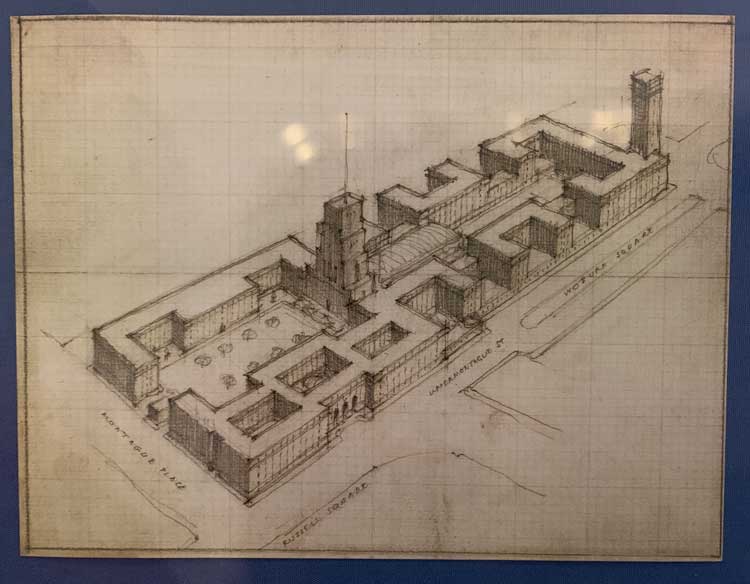 Installation view, Charles Holden’s Master Plan: Building the Bloomsbury Campus, Senate House, University of London, London. Photo: Bronac Ferran.