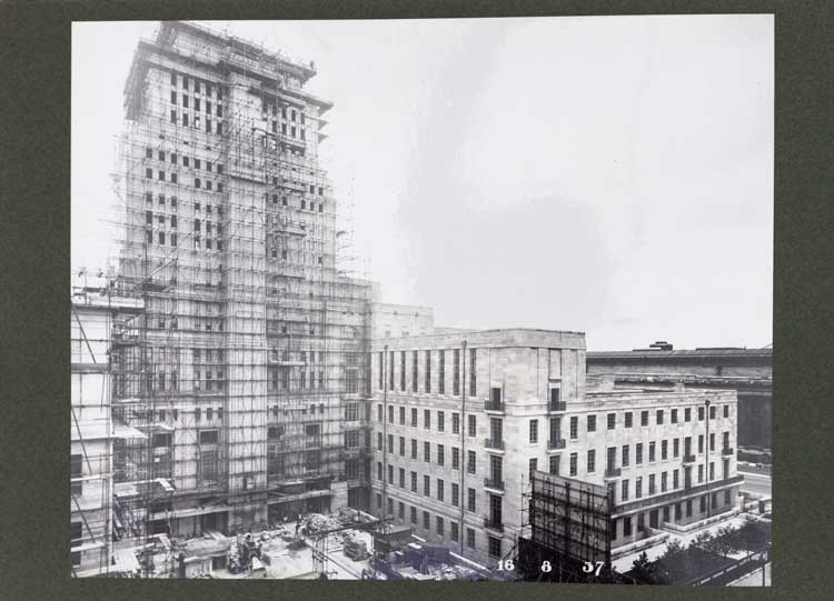 A photograph of the Senate House under construction, from the book University of London, The New Buildings, 6 January 1936 to 11 October 1937.