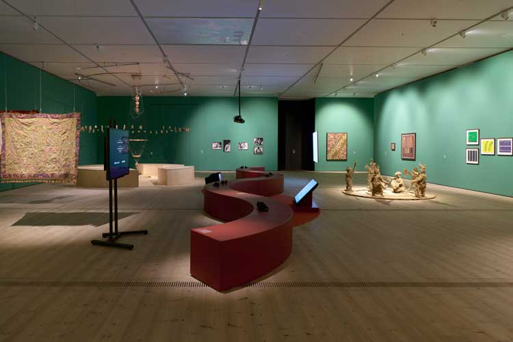 Conceived by Brazilian exhibition designer Juliana Godoy as an immersive space for contemplation. Exhibition view, Stepping Softly on the Earth, Baltic Centre for Contemporary Art, Gateshead. Photo: John McKenzie. @Baltic Centre for Contemporary Art.