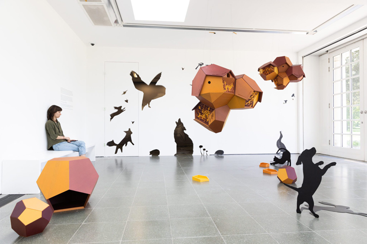 In the shadows, 2023, & Cloud Cities: Species of Spaces and Other Pieces*, 2023. Installation view at Tomás Saraceno In Collaboration: Web(s) of Life, Serpentine, London, 2023. Photo: Studio Tomás Saraceno.