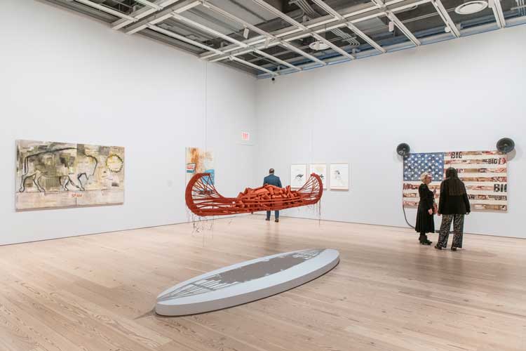 Installation view of Jaune Quick-to-See Smith: Memory Map, Whitney Museum of American Art, New York, 2023. Photo: Matthew Carasella.