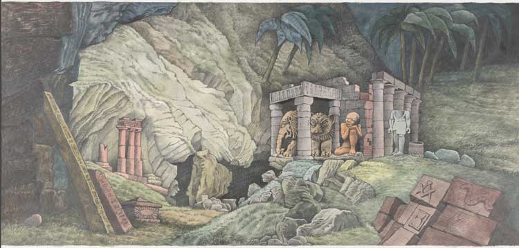 Maurice Sendak. Design for Scrim, Act 2 (The Magic Flute), 1979–80. Watercolour and graphite on paper, mounted to laminated paperboard. The Morgan Library & Museum, Bequest of Maurice Sendak, 2013. Photo: Janny Chiu; © Maurice Sendak Foundation.