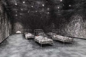 During Sleep, 2026, installation view, Chiharu Shiota: Threads of Life. Photo: Mark Blower. Courtesy of the Hayward Gallery. © DACS, London, 2026 and Chiharu Shiota.