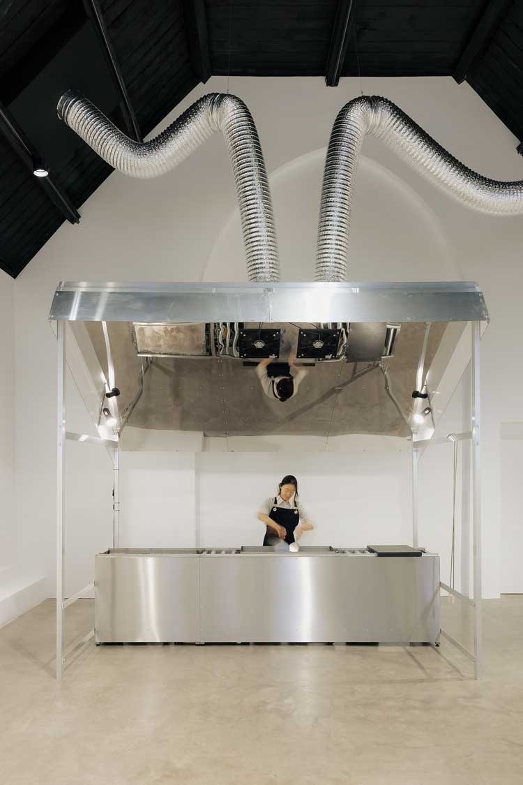 Aki Sasamoto, Grilled Diagrams, 2026. Installation view, Studio Voltaire, 2026. Commissioned and produced by Studio Voltaire. Image courtesy of the artist, Bortolami Gallery, Take Ninagawa and Studio Voltaire. Photo Sarah Rainer.