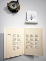 Map, barometer and ship's log showing locations of drawings made during Barents Sea Passage journey, 2022. Installation view, Emma Stibbon: Melting Ice | Rising Tides, Towner Eastbourne, 2024.