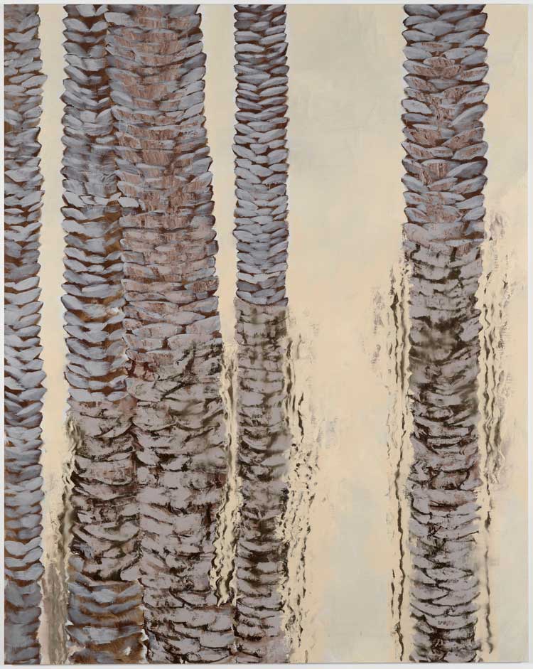 Mohammed Sami, Under the Palm Trees II, 2023. Mixed media on linen, 290 x 230 cm (114 1/8 x 90 1/2 in). Photo: Marcus Leith. Courtesy the artist, Modern Art, London and Luhring Augustine, New York.