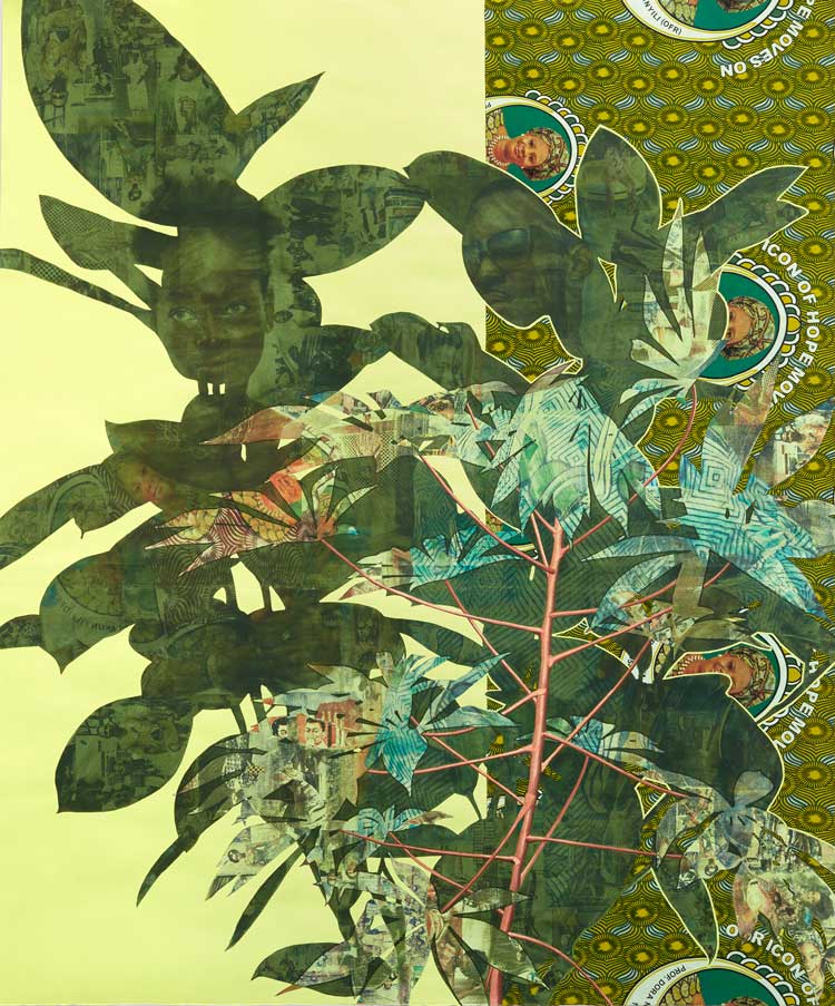 Njideka Akunyili Crosby, Cassava Garden, 2015. Acrylic, transfers, colour pencil, charcoal and commemorative fabric on paper, 182.8 x 152.4 cm © Njideka Akunyili Crosby. Courtesy the artist, Victoria Miro, and David Zwirner. Photo: Robert Glowacki.