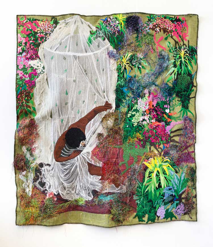 Kimathi Mafafo, Unforeseen Journey of Self-Discovery, 2020. Hand and Machine Embroidered Fabric, 112 x 98 cm. Image courtesy of the artist / Kristin Hjellegjerde Gallery.