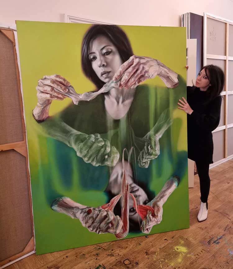 Sara Shamma in her studio with Self Portrait, 2019. Photo: Juliet Rix.