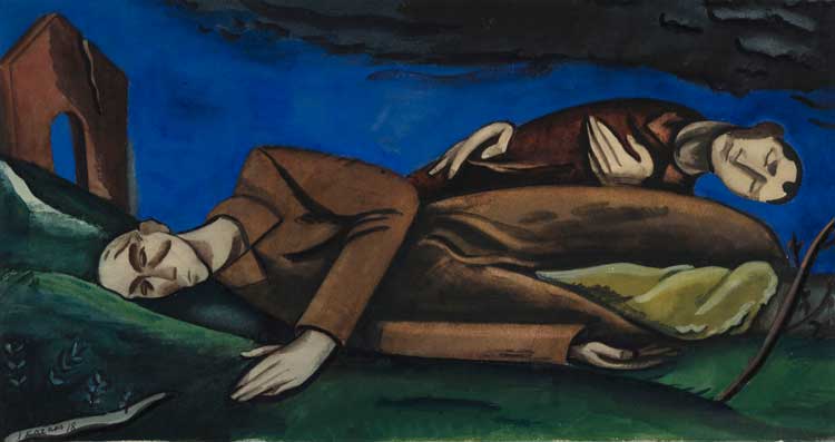 Jēkabs Kazaks, I laid my head on the boundary line, 1918. Tempera on board, 25 x 45.5 cm. Collection of the Latvian National Museum of Art.