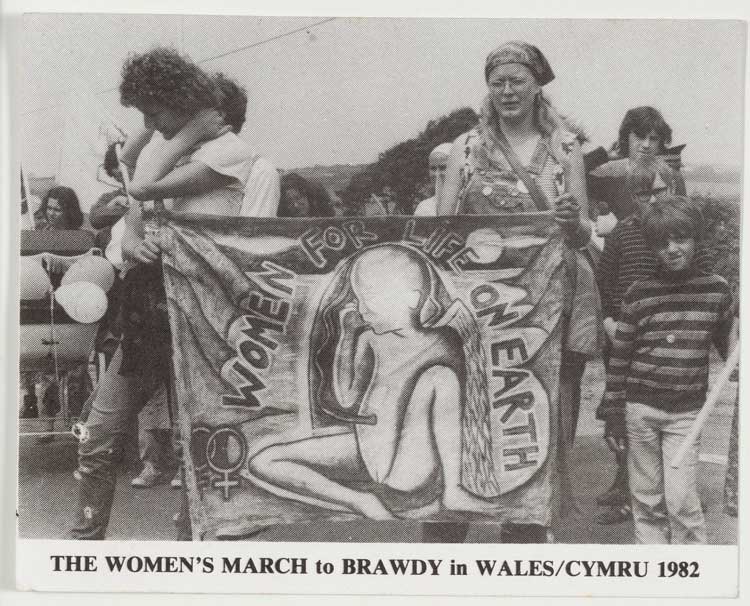 Monica Sjöö depicted on a postcard from the Women for Life on Earth Peace March, 1982. © The Estate of Monica Sjöö.