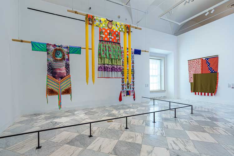 Jeffrey Gibson. Watchtower, 2018 (centre). Installation view, American Voices and Visions: Modern and Contemporary Art, Smithsonian American Art Museum. Photo: Albert Ting.