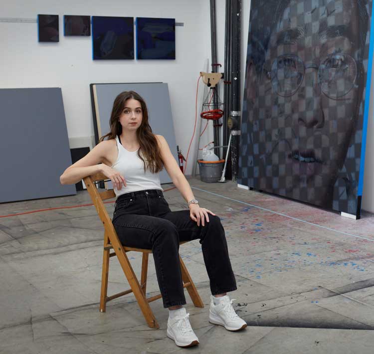 Avery Singer in the studio. © Avery Singer. Courtesy the artist and Hauser & Wirth. Photo: Grant Delin.