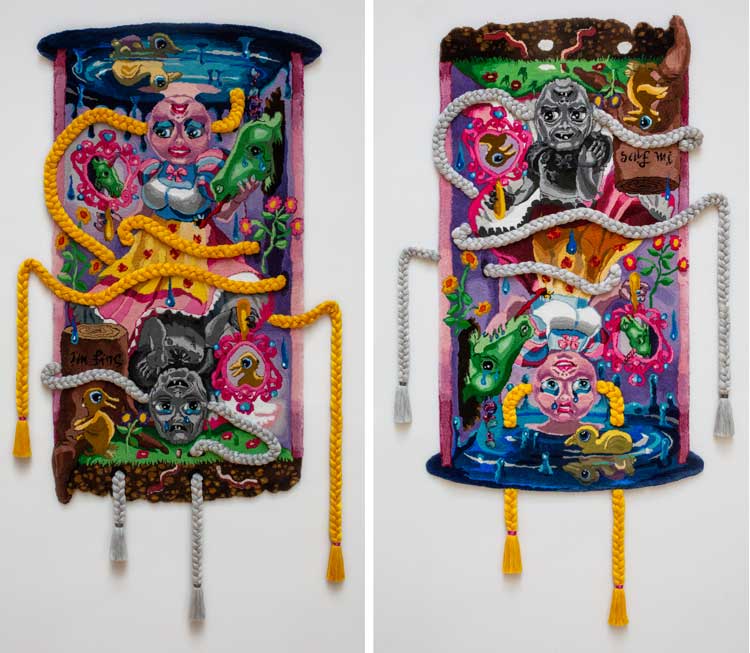 Rachel Maclean and Dovecot Studios, I'm Fine/Save Mi, 2021. Rug, gun tufted. Wool, polypropylene and canvas, 318 × 160 cm each. Tufted by Louise Trotter and Ben Hymers. Photo: Kenneth Gray.