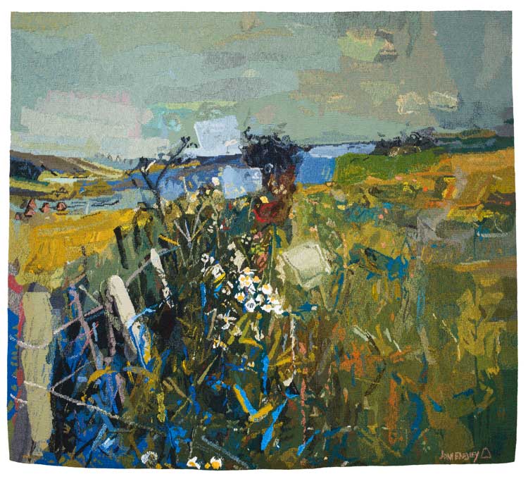 Dovecot Studios after Joan Eardley, July Fields, 2021. Tapestry, handwoven, wool and cotton, 129 × 150 cm. Woven by Naomi Robertson. Private commission. Courtesy Joan Eardley Estate. Photo: Kenneth Gray Photography.