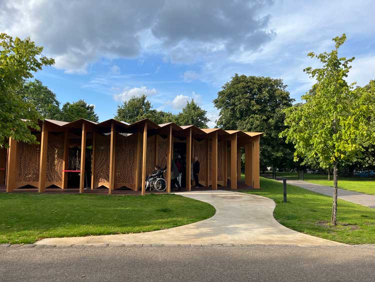 Serpentine Pavilion 2023, London, designed by Lina Ghotmeh. Photo: Veronica Simpson.