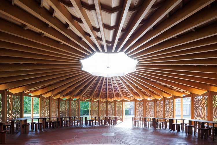 Serpentine Pavilion 2023, designed by Lina Ghotmeh. © Lina Ghotmeh — Architecture. Photo: Iwan Baan. Courtesy: Serpentine.