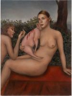Agata Słowak, Joanna ze świnka (Joanna With the Pig), 2023. Oil on canvas, 47 1/4 x 35 3/8 in (120 x 90 cm). Courtesy of the artist, Foksal Gallery Foundation, Warsaw, and Fortnight Institute, New York.