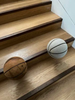Michael E Smith, Untitled, 2023. Basketballs, stairs. Installation view, Henry Moore Institute, Leeds. Photo: Veronica Simpson.