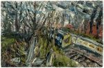 Leon Kossoff, Between Willesden Green and Kilburn, Winter Evening, 1992. Oil on board, 20.5 x 147.5 cm. Private Collection. Leon Kossoff Estate.