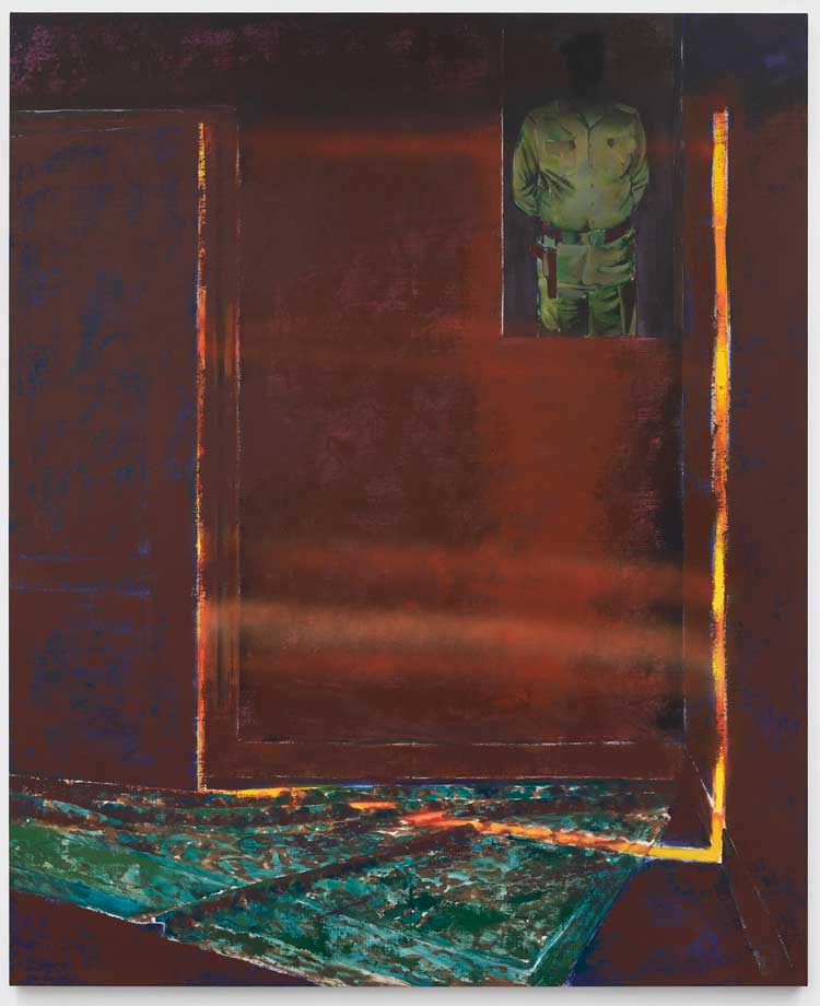 Mohammed Sami. Meditation Room, 2022. Mixed media on linen, 280 x 230 cm. Courtesy of the artist, Modern Art London and Luhring Augustine New York.