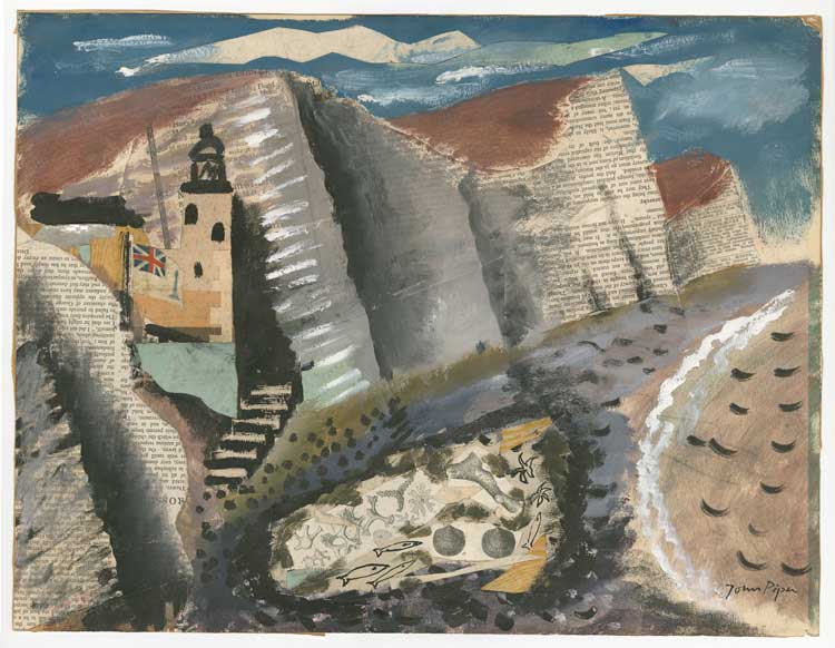 John Piper, Beach and Star Fish, Seven Sisters Cliff, Eastbourne, 1933-34. Gouache, pen and ink with collage of paper and fabric on paper. Jerwood Collection.