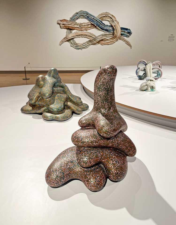 Installation view of Ken Price (foreground) with Brie Ruais in the background, Strange Clay: Ceramics in Contemporary Art, Hayward Gallery, London (26 October 2022 - 8 January 2023). Photo: Veronica Simpson.