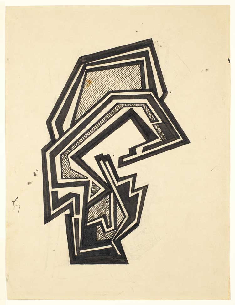 Helen Saunders. Vorticist composition, Black and White, c1915. Drawing. The Courtauld, London (Samuel Courtauld Trust). © Estate of Helen Saunders.