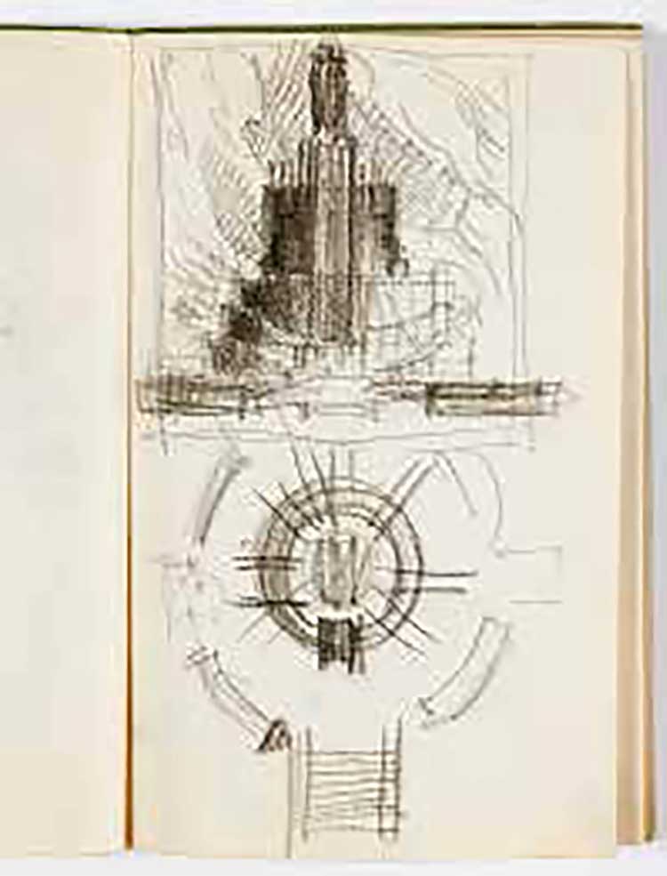 Page from Iofan’s sketchbook. After being named as a prize-winner in the first stage of the Palace of the Soviets competition, Iofan revised his design to take in the instructions from the Communist Party leadership, calling for more height and the incorporation of a figure on the top of the structure. © Alex Lachman Gallery. Photo: Simon Pask.