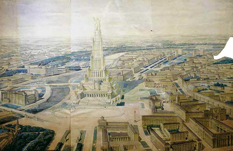 The 1939 version of the design for the Palace of the Soviets. Iofan’s House on the Embankment is shown just across the river, with one of the Kremlin’s spires. © Fine Art Images/Heritage Images/Getty Images.