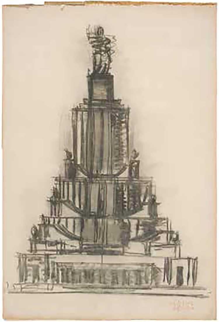 Page from Iofan’s sketchbook, with a revised version of the tower for the Palace of the Soviets, reducing its height in attempts to lower costs and simplify the building process. © Alex Lachman Gallery. Photo: Simon Pask.