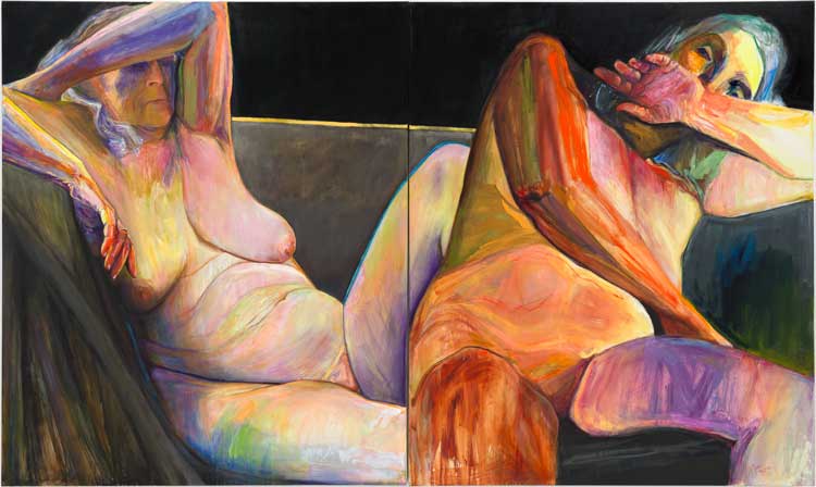 Joan Semmel, Couch Diptych, 2019. Oil on canvas in two parts, 72 x 120 in overall (182.9 x 304.8 cm overall). Courtesy Alexander Gray Associates, New York. © 2022 Joan Semmel / Artists Rights Society (ARS), New York.