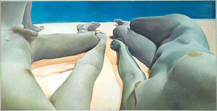 Joan Semmel, Intimacy-Autonomy, 1974. Oil on canvas, 50 x 98 in (127 x 248.92 cm). © 2022 Joan Semmel / Artists Rights Society (ARS), New York.