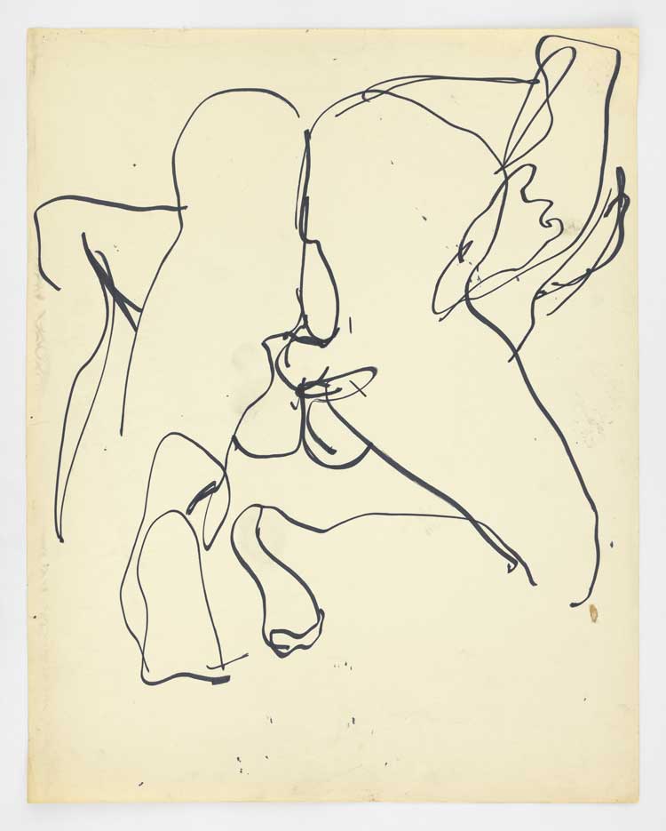 Joan Semmel, Untitled Figure Study (for the Sex Paintings Series), 1971. Marker on paper, 18 3/4 x 23 3/4 in (47.6 x 60.3 cm). © 2022 Joan Semmel / Artists Rights Society (ARS), New York.