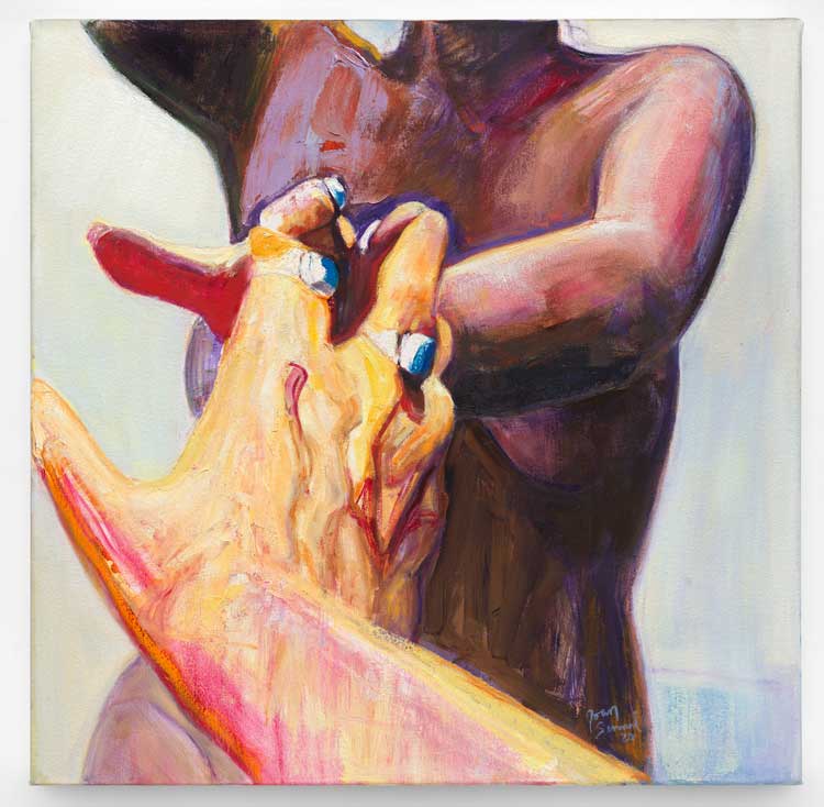 Joan Semmel, Recognition, 2020. Oil on canvas, 24 x 24 in (60.96 x 60.96 cm). © 2022 Joan Semmel / Artists Rights Society (ARS), New York.