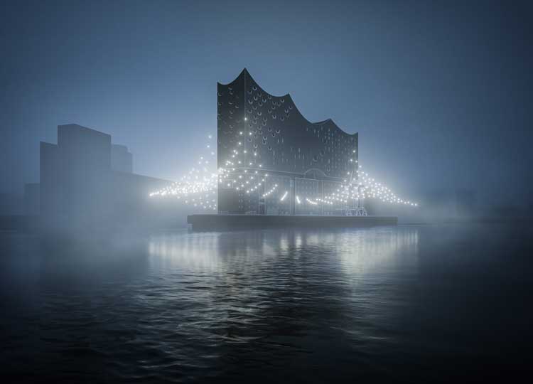 Studio Drift. Rendered image of Breaking Waves, Elbphilharmonie Hamburg, © Moka Studio.